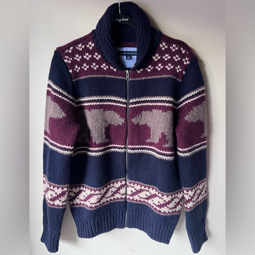 Vintage‎ TOMMY HILFIGER sweater COWICHAN chunky knit CARDIGAN bear Size small